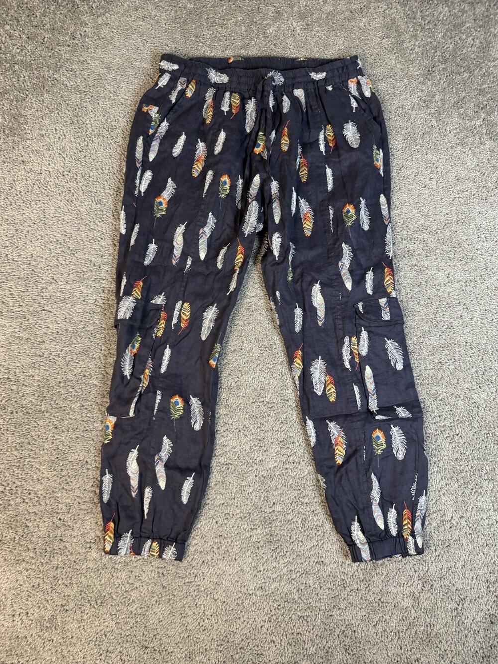 Johnny Was Pants Womens M Blue Linen Jogger Embroidered Relaxed 27 Inseam